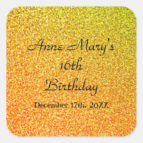 Glittery Gold Sparkle 16th Birthday Custom Name Square Sticker