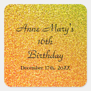 Glittery Gold Sparkle 16th Birthday Custom Name Square Sticker