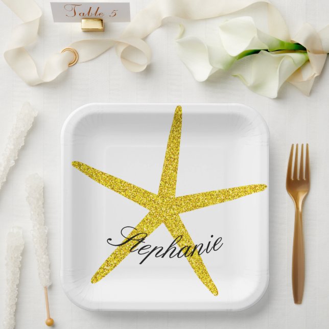Glittery Gold Starfish Pattern Custom Name Elegant Paper Plates (Wedding)
