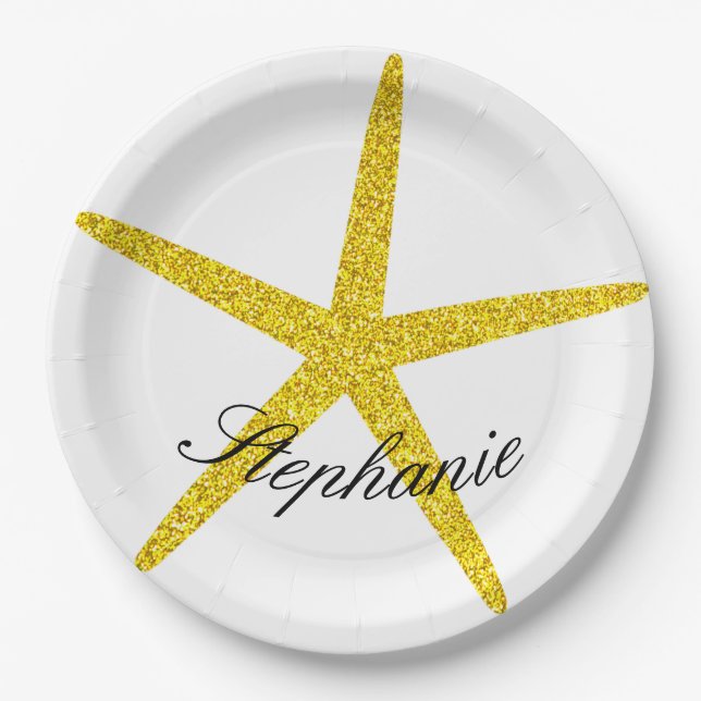 Glittery Gold Starfish Pattern Custom Name Stylish Paper Plates (Front)