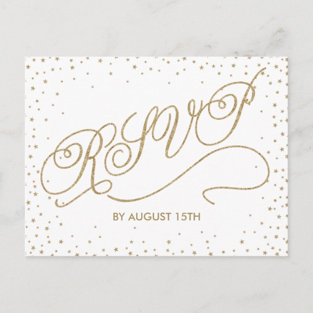 Glittery Gold Stars Fancy White RSVP Postcard (Front)