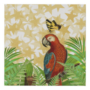 Glittery Gold Stars Parrot and Butterfly Faux Canvas Print
