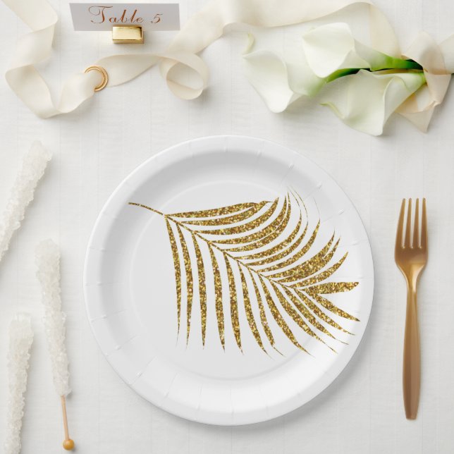 Glittery Gold Tropical Palms Baby Shower Weddings Paper Plates (Wedding)
