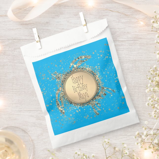 Glittery Gold Turtle on Blue Birthday  Favor Bag (Clipped)