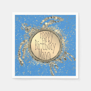 Glittery Gold Turtle on Blue Birthday Napkins
