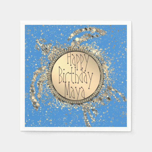 Glittery Gold Turtle on Blue Birthday  Napkins (Front)