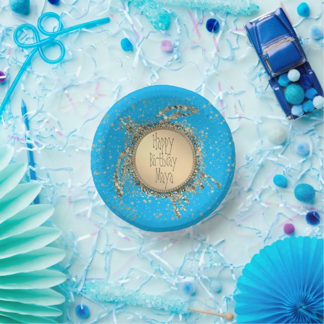 Glittery Gold Turtle on Blue Birthday       Paper Bowls (Party)