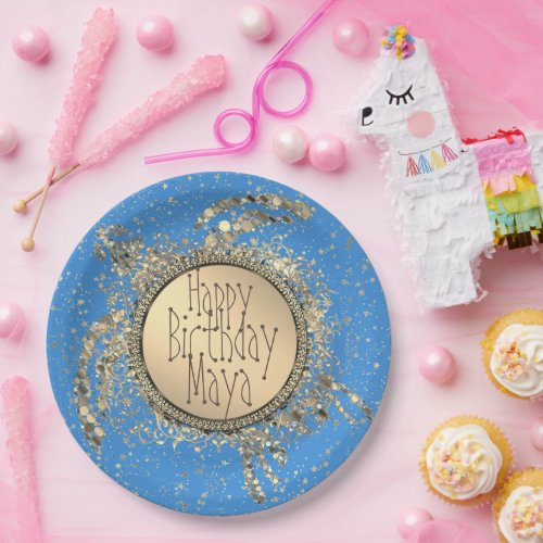 Glittery Gold Turtle on Blue Birthday Paper Plates