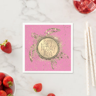 Glittery Gold Turtle on Pink Birthday Napkins