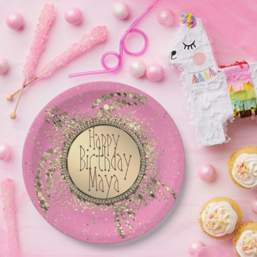 Glittery Gold Turtle on Pink Birthday Paper Plate