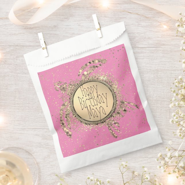 Glittery Gold Turtle on Pink Birthday Personalized Favor Bag (Clipped)