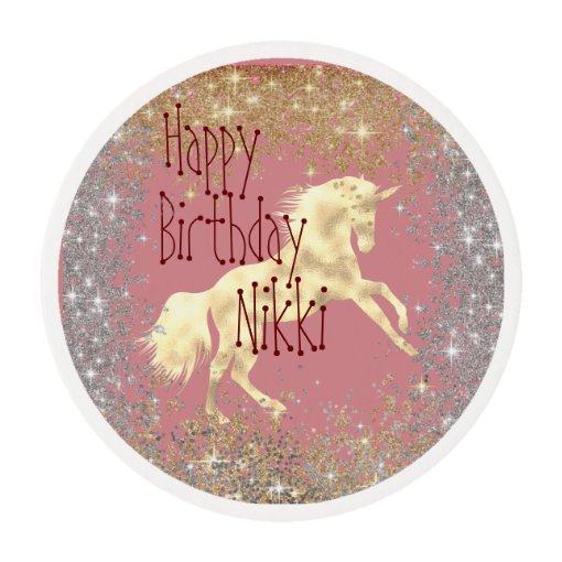 Glittery Gold Unicorn Birthday Edible Frosting Rounds | Zazzle