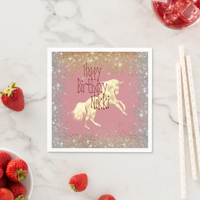 Glittery Gold Unicorn  Birthday Personalized   Napkins (Insitu)