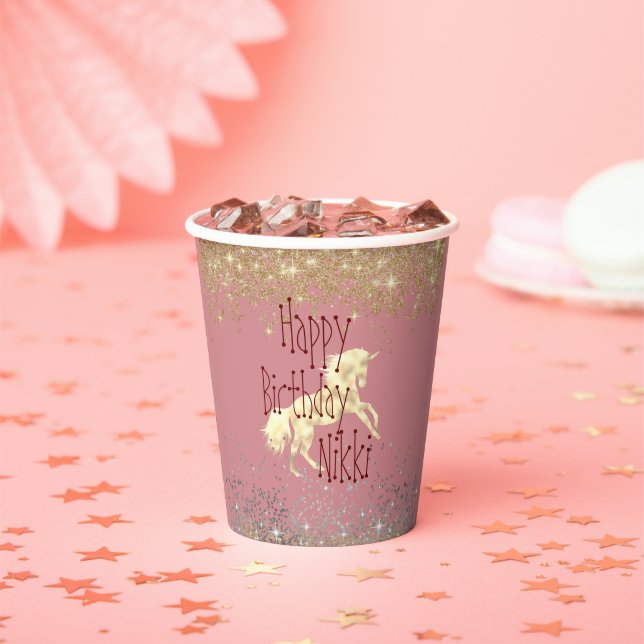 Glittery Gold Unicorn Birthday Personalized  Paper Cups (Insitu)