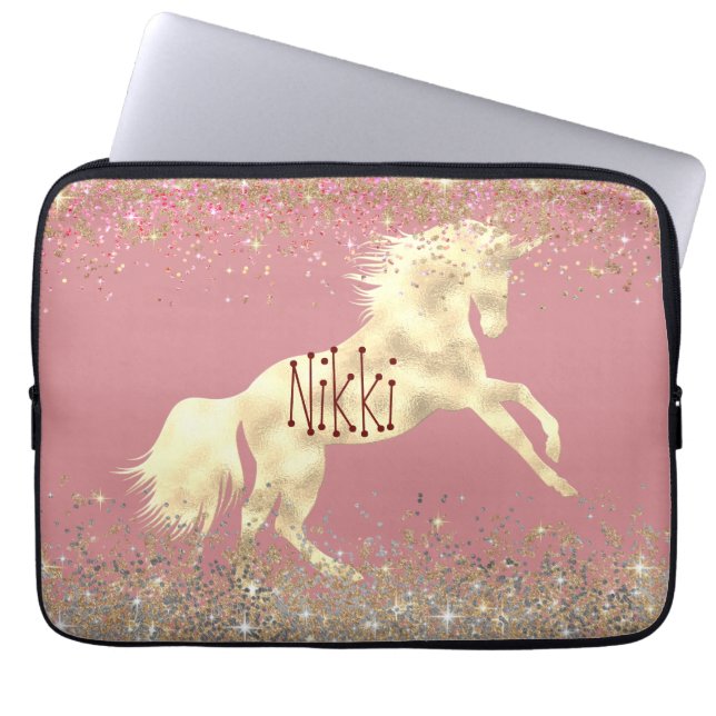 Glittery Gold Unicorn  Laptop Sleeve (Front)