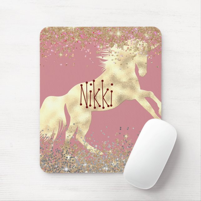 Glittery Gold Unicorn on Pink Personalized Mouse Pad (With Mouse)