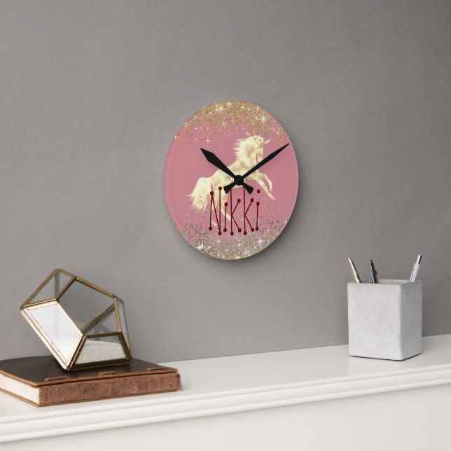 Glittery Gold Unicorn on Pino Personalized  Round Clock (Office)