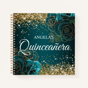 Glittery Gold Vintage Teal Roses Quinceanera Guest Notebook