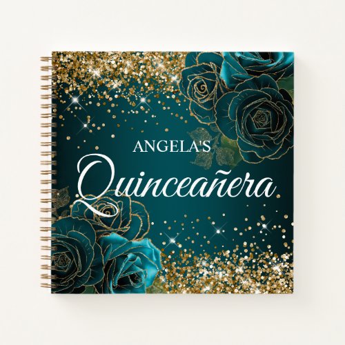 Glittery Gold Vintage Teal Roses Quinceanera Guest Notebook
