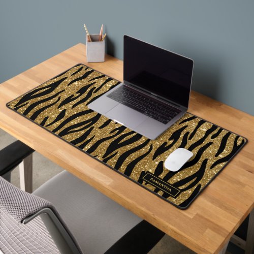 Glittery Gold Zebra Pattern Custom Monogram Desk Mat