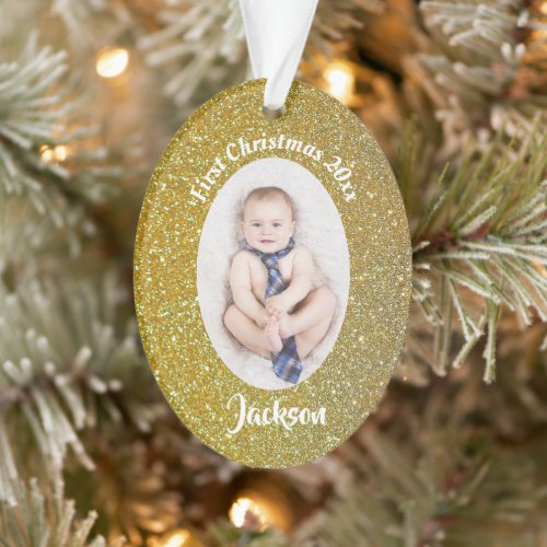 Glittery Golden Babys First Christmas Ornament