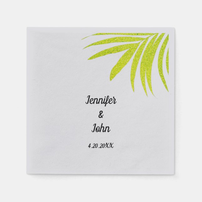 Glittery Golden Green Tropical Palm Wedding Silver Napkins (Front)