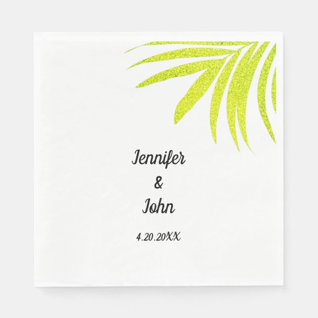 Glittery Golden Green Tropical Palm Wedding White Napkins (Front)