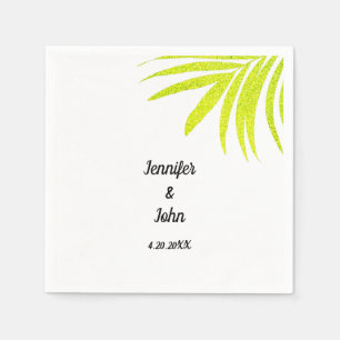 Glittery Golden Green Tropical Palm Wedding White Napkins