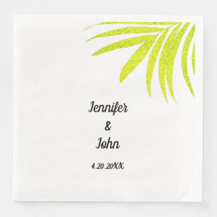 Glittery Golden Green Tropical Palm Wedding White Paper Dinner Napkins