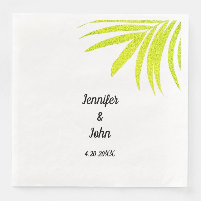 Glittery Golden Green Tropical Palm Wedding White  Paper Dinner Napkins (Front)