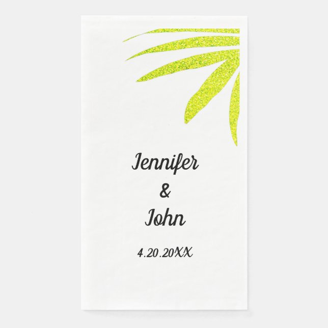 Glittery Golden Green Tropical Palm Wedding White Paper Guest Towels (Front)