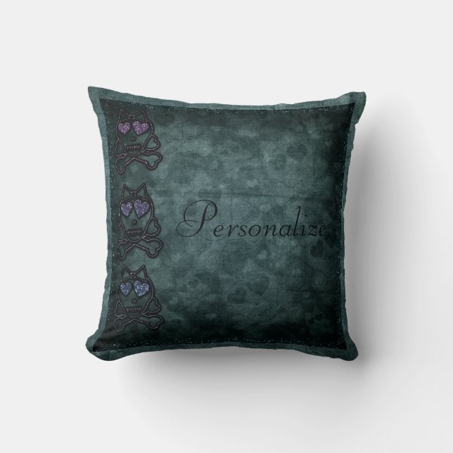 Glittery Gothic Skulls Personalized Throw Pillow (Front)