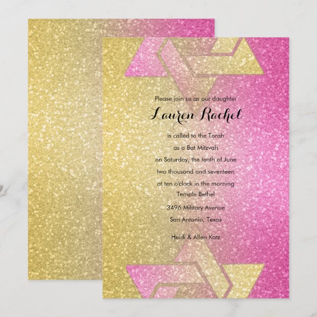 Glittery Gradient Bat Mitzvah Hot Pink Invitation (Front/Back)