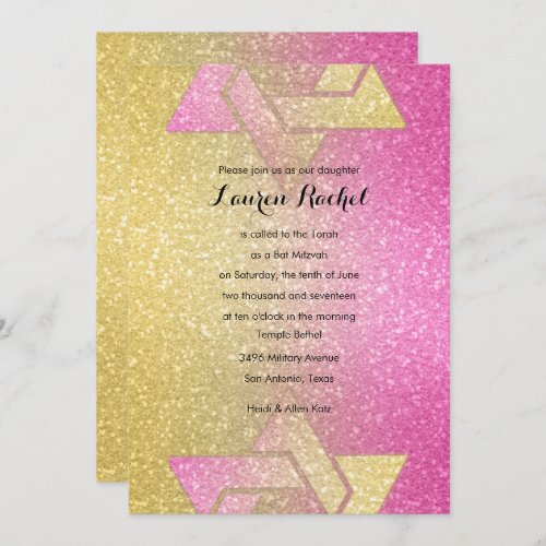 Glittery Gradient Bat Mitzvah Hot Pink Invitation