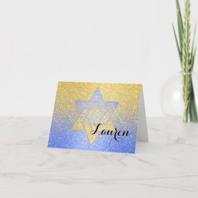 Glittery Gradient Bat Mitzvah Thank You Blue Card (Front)