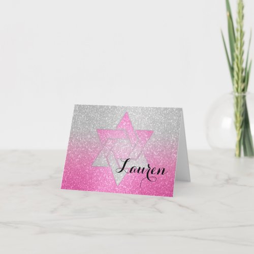 Glittery Gradient Bat Mitzvah Thank You Hot Pink Note Card