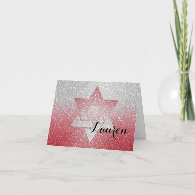 Glittery Gradient Bat Mitzvah Thank You Red Card (Front)