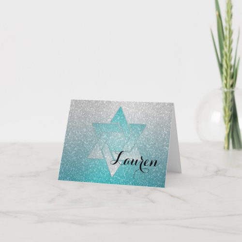 Glittery Gradient Bat Mitzvah Thank You Turquoise Note Card