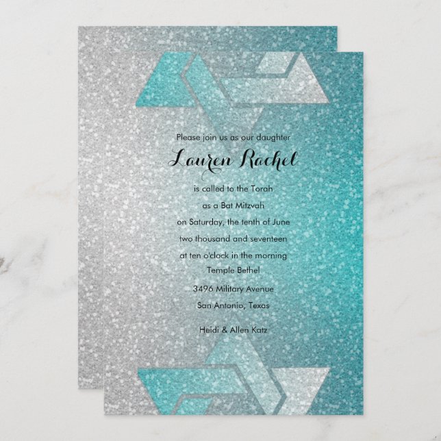Glittery Gradient Bat Mitzvah Turquoise Invitation (Front/Back)