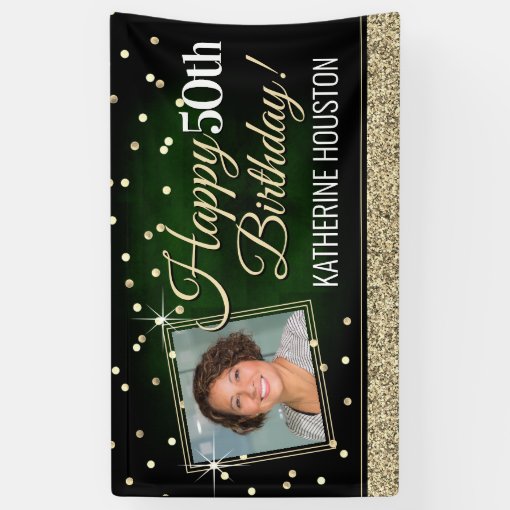 Glittery Green and Gold Happy Birthday Banner | Zazzle