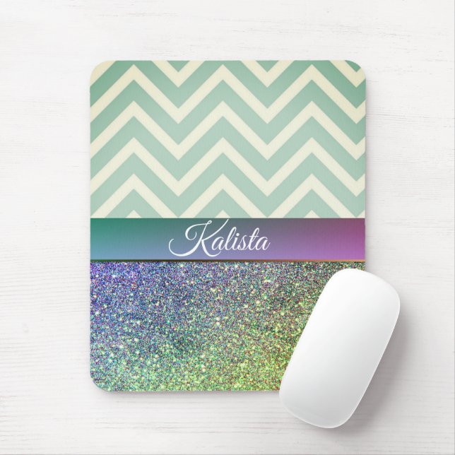 Glittery Green and Purple Chevron Mouse Pad (With Mouse)