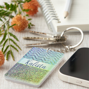 Glittery Green and Purple Chevron Personalized Keychain