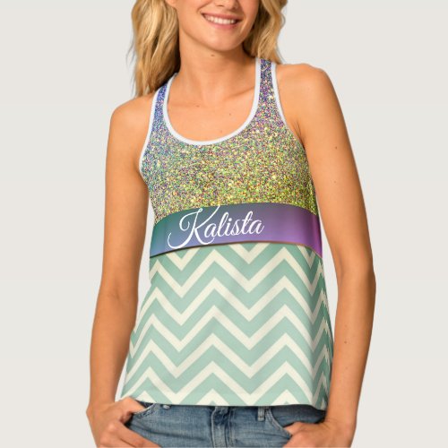 Glittery Green and Purple Chevron Personalized Tank Top