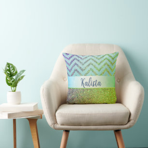 Glittery Green and Purple Chevron Personalized Throw Pillow