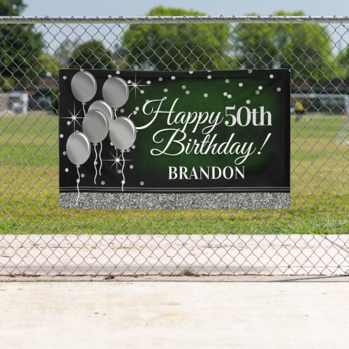 Glittery Green and Silver Happy Birthday Banner
