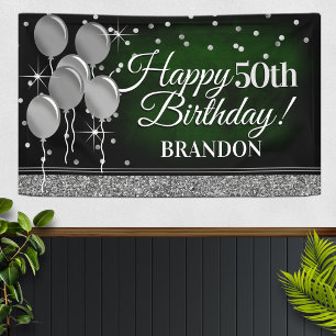 Glittery Green and Silver Happy Birthday Banner