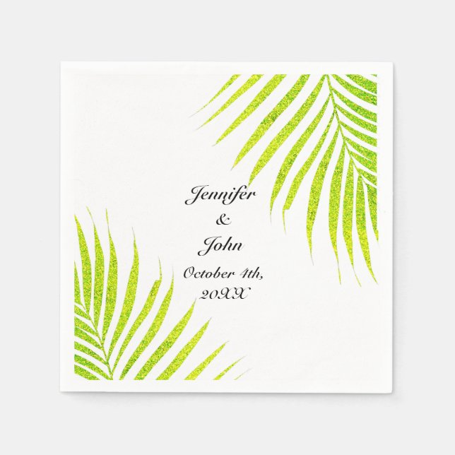 Glittery Green Gold Tropical Palm Leaf Weddings Napkins (Front)