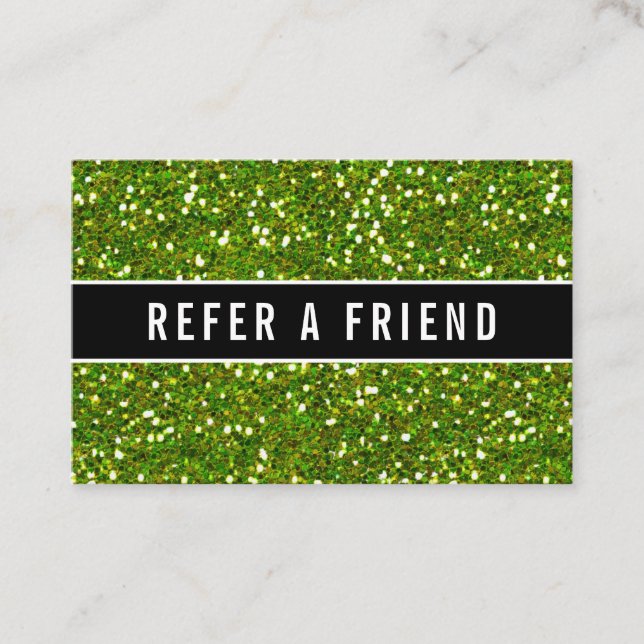 Glittery Green Luxury Salon Referral Customer Business Card (Front)