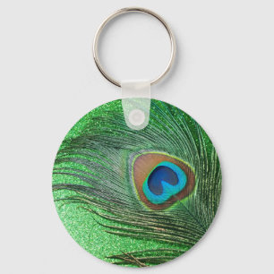 Glittery Green Peacock Feather Still Life Keychain