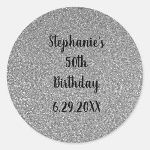 Glittery Grey Silver Custom Happy Birthday Name Classic Round Sticker